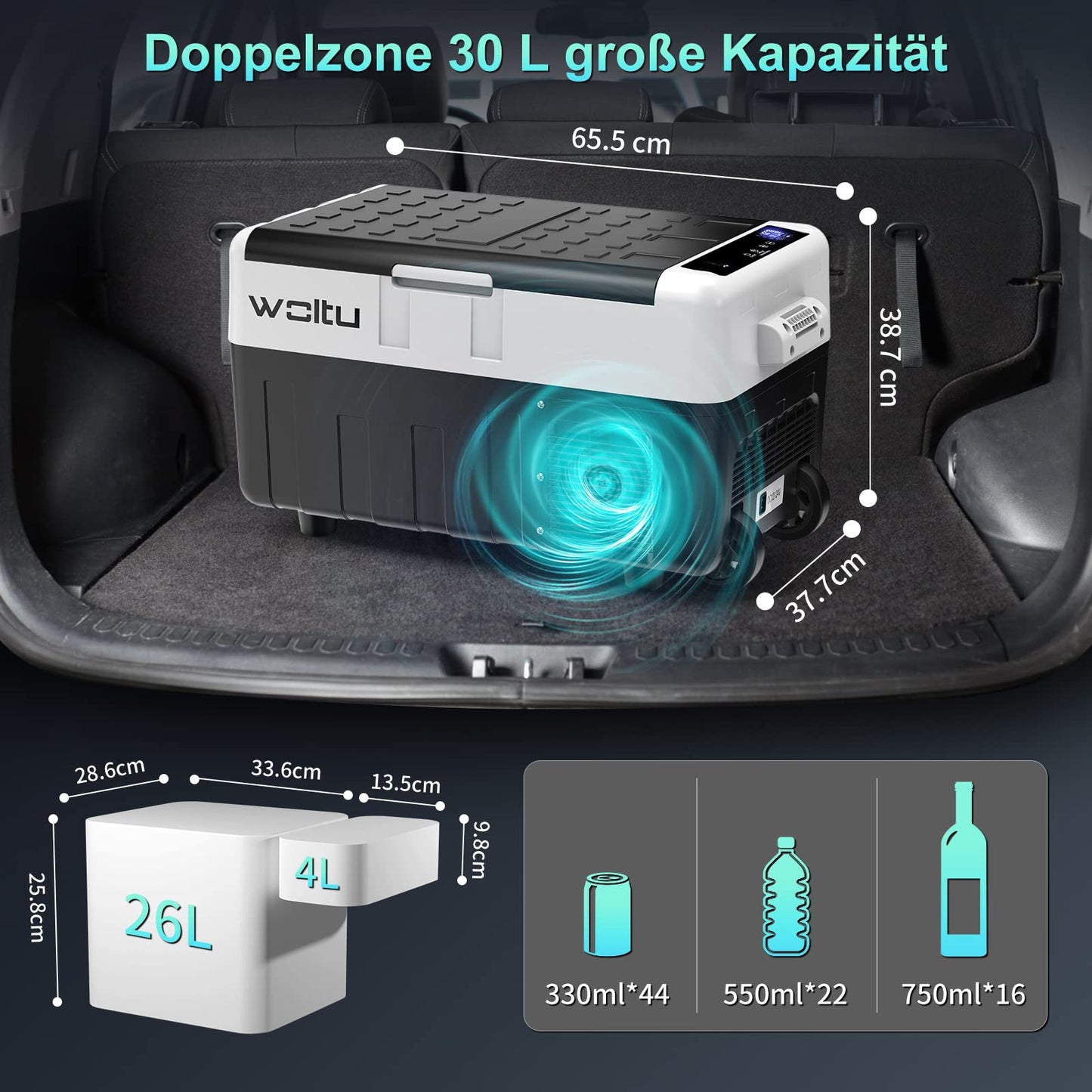 WOLTU Kompressor Kühlbox Auto 30L, 12V 230V Elektrische Camping Kühlbox Groß mit Gefrierfach, Dual Zone Kühlschrank mit USB, Kühltruhe Mini Gefrierbox für Lkw, Strand, Picknick, Summer Saver
