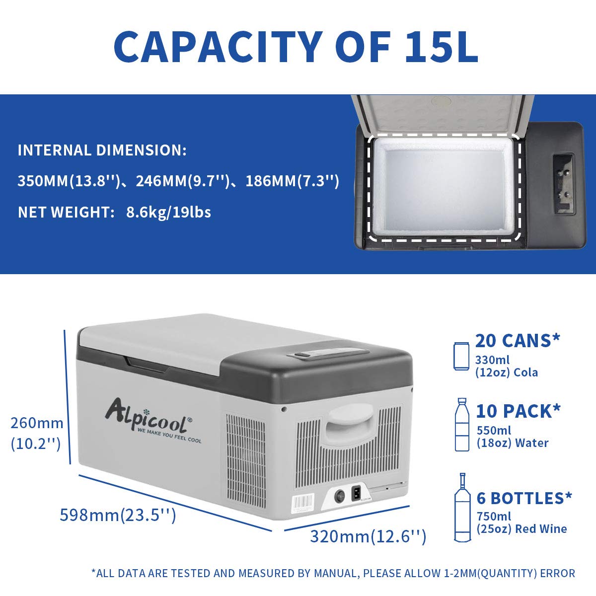 Alpicool C15 15L Kompressor Kühlbox 12v Mini Kühlschrank Elektrische Camping-Gefrierbox Klein Tragbare für Auto, Lkw, Boot, RV mit USB Anschluss,-20℃-20℃