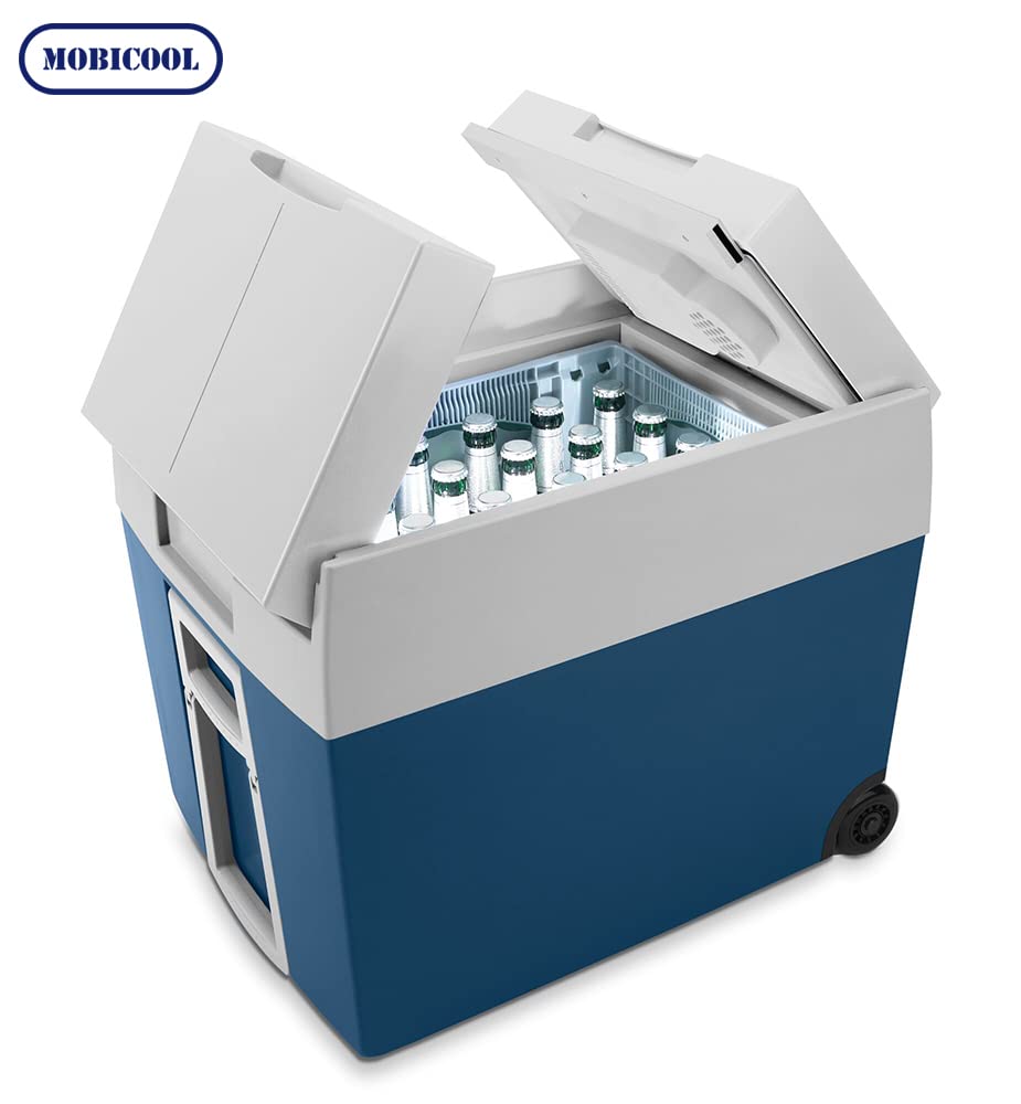 Mobicool MT48W AC/DC - elektrische Kühlbox mit Rollen passend für eine komplette Getränkekiste/Bierkiste, 48 Liter, 12 V und 230 V für Auto, Lkw, Boot, Reisemobil und Steckdose