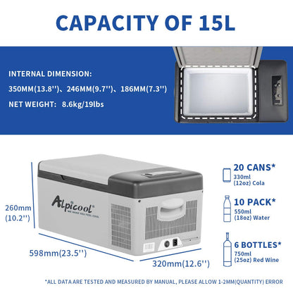 Alpicool C15 15L Kompressor Kühlbox 12v Mini Kühlschrank Elektrische Camping-Gefrierbox Klein Tragbare für Auto, Lkw, Boot, RV mit USB Anschluss,-20℃-20℃