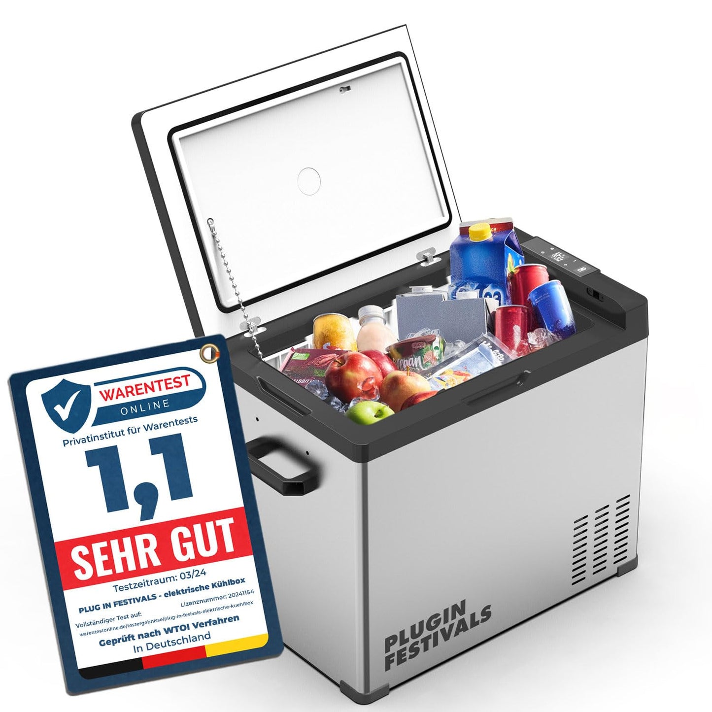 PLUG IN FESTIVALS - elektrische Kühlbox - Kompressor Gefrierbox bis -20 Grad - Kühlbox Auto - Camping Kühlschrank - Powerstation zum Kühlen - 12V 230V - 50 Liter