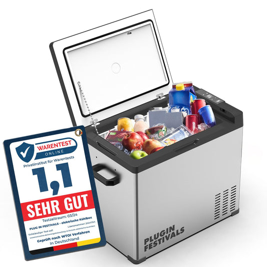 PLUG IN FESTIVALS - elektrische Kühlbox - Kompressor Gefrierbox bis -20 Grad - Kühlbox Auto - Camping Kühlschrank - Powerstation zum Kühlen - 12V 230V - 50 Liter
