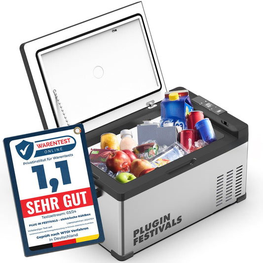 PLUG IN FESTIVALS - elektrische Kühlbox - Kompressor Gefrierbox bis -20 Grad - Kühlbox Auto - Camping Kühlschrank - Powerstation zum Kühlen - 12V 230V - 25 Liter