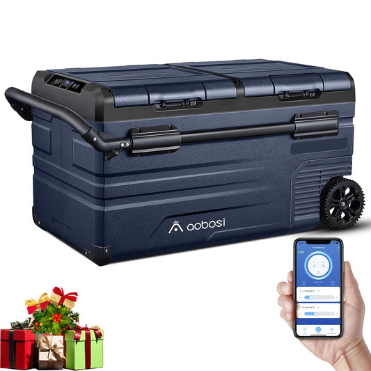 AAOBOSI 75L Kompressor Kühlbox Dual Zone, Kühlbox Auto Mit WIFI-APP-Steuerung USB-Anschluss, 12/24 V und 100-240 V kompressorkühlbox -20°C bis 20°C für Auto, Lkw, Boot, Reisemobil, Camping, Doppeltür