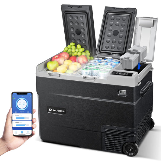 AAOBOSI Kompressor Kühlbox 51L, Kühlbox Auto Doppelzone 2 in 1 bis -20 °C, Kühlbox 12v 230v Tragbar mit Digitale Temperaturregelung, App-Steuerung, Anti-Shake, für Camping, LKW, Boot, Reisemobil